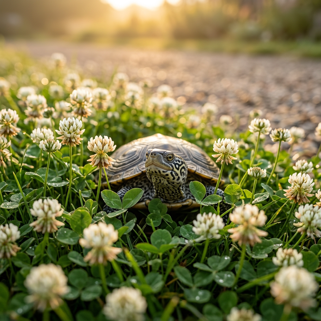 Turtle walking on stone path surrounded by garden plants at sunrise