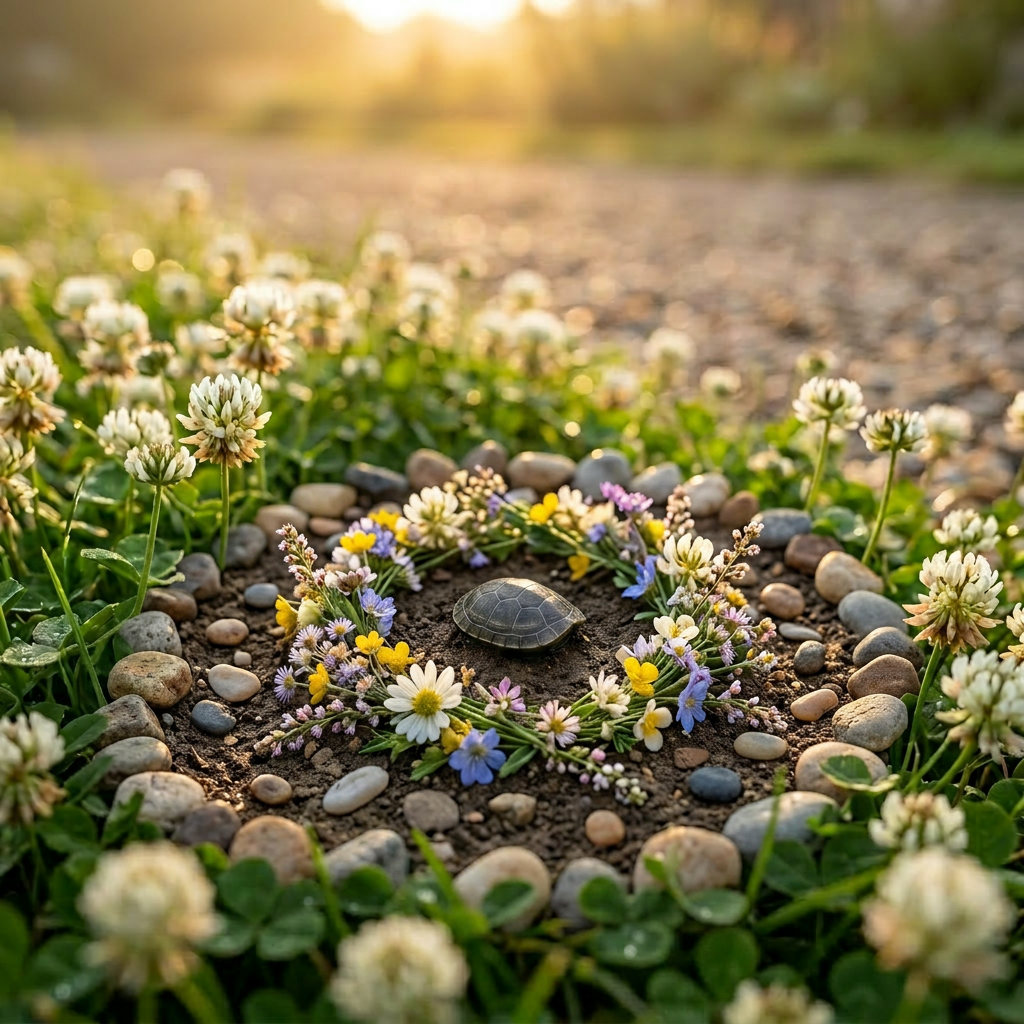 Turtle walking on stone path surrounded by garden plants at sunrise