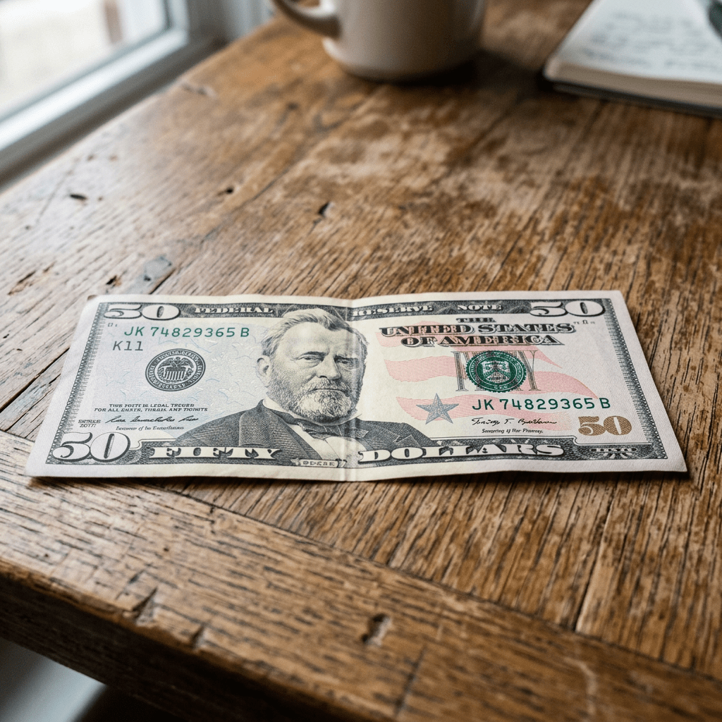 Fifty dollar U.S. bill featuring Ulysses S. Grant on a wooden table