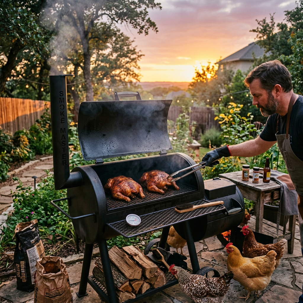 Man using tongs to smoke two whole chickens on a large black Smoke Master grill outdoors at sunset