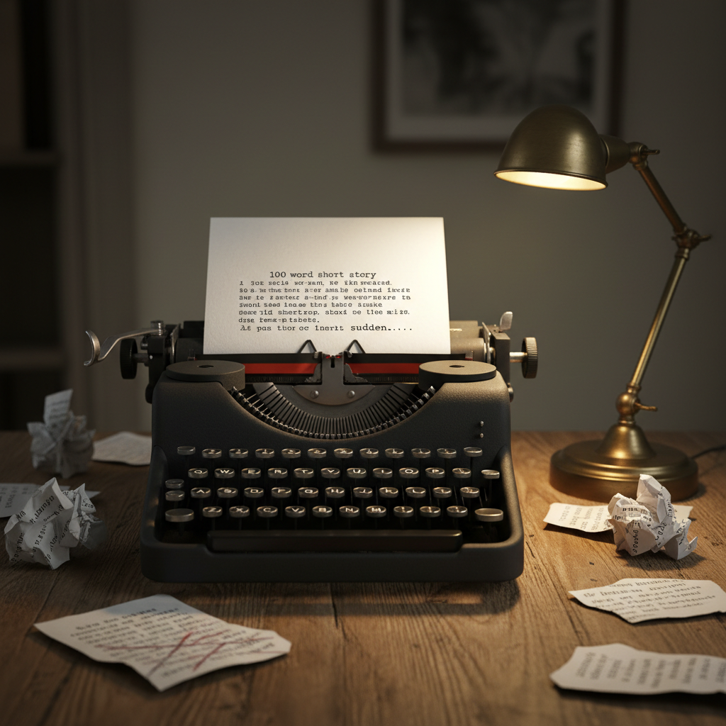 An antique manual typewriter in deep matte black occupies the center of a sturdy oak table, a single sheet of bright white paper rolled into the carriage. On the page, a perfectly formatted 100-word story ends abruptly mid-line, emphasizing the power of brevity. Surrounding the typewriter are scattered, rejected pages with sparse sentences and crossed-out phrases. A small brass desk lamp to the right casts a warm pool of focused light over the keys and paper, while the background recedes into dim, neutral shadow. Captured from a low, slightly angled perspective, the keys loom in crisp detail with a shallow depth of field. The mood is intense and contemplative, rendered in high-contrast photographic realism that feels both timeless and highly professional.