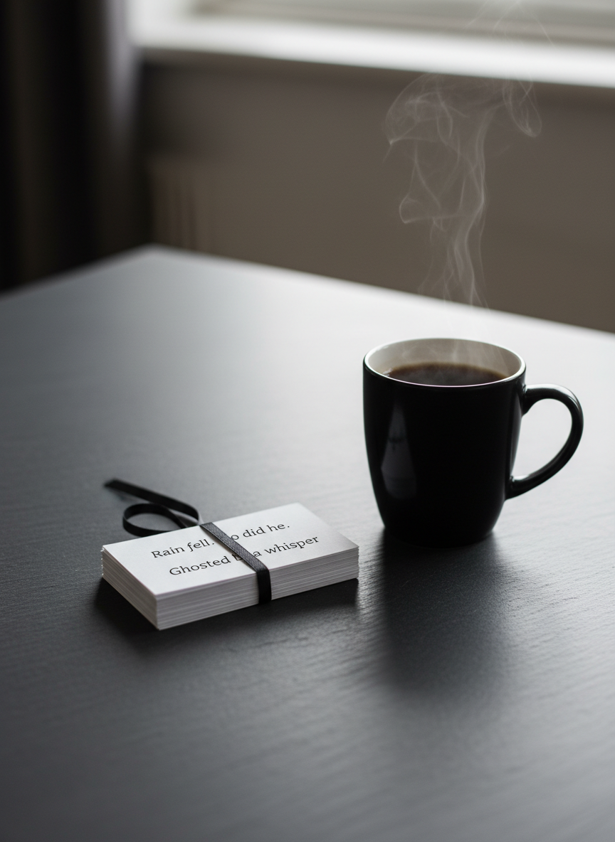 A stack of small, neatly trimmed index cards tied with a thin black ribbon sits centered on a smooth, slate-gray tabletop. Each card bears a single, punchy line of printed flash fiction, the top card slightly askew so part of the next line below can be glimpsed. A simple black ceramic mug of coffee, almost full, rests nearby with faint steam rising, its reflection subtle on the tabletop. Overcast daylight streams from an unseen window, creating soft, even illumination and nearly shadowless clarity. Photographed from a slightly elevated angle with crisp focus on the text, the background falls into gentle blur, lending a focused, professional atmosphere. The overall mood is disciplined yet creative, highlighting the brevity and precision of microfiction in a realistic, minimalist style.