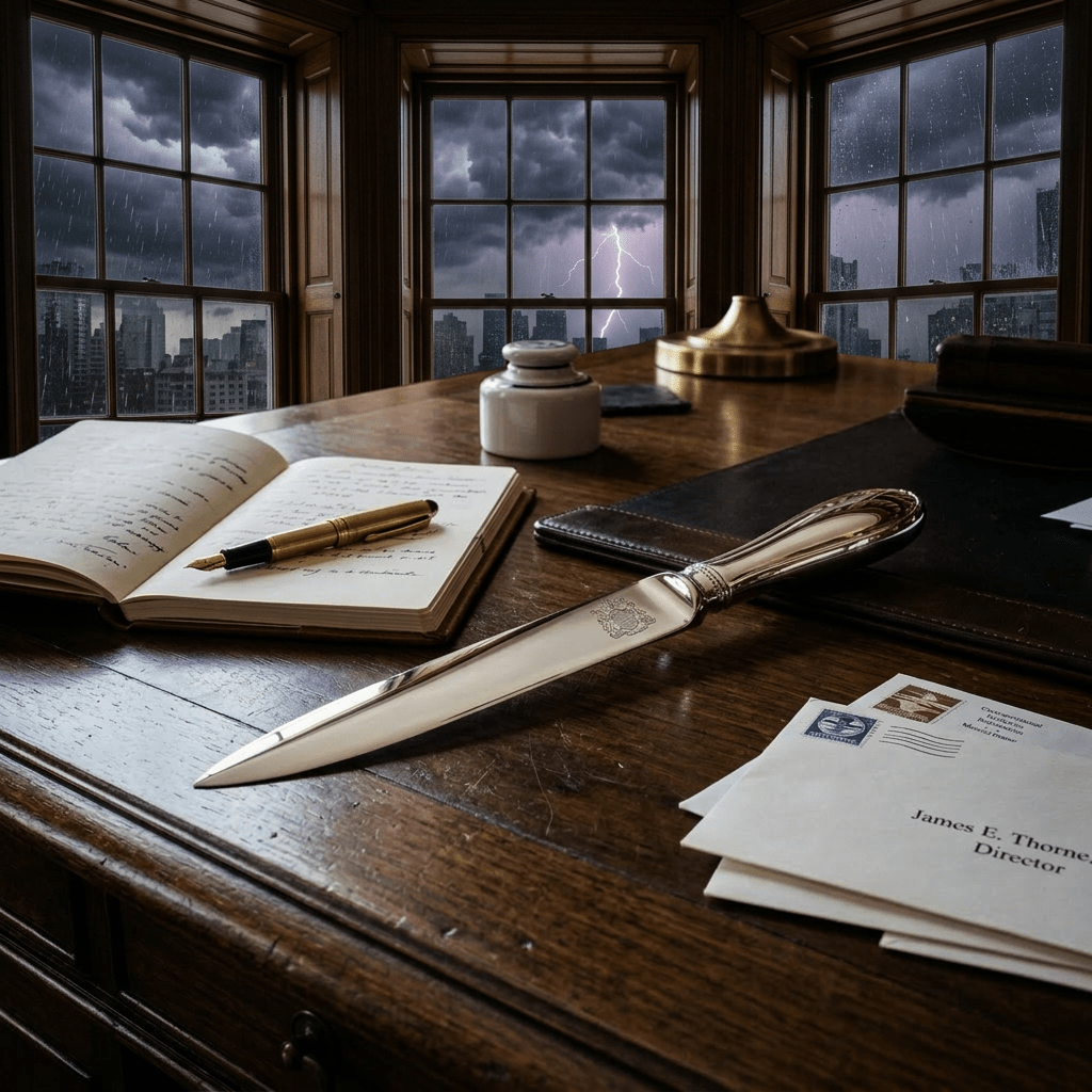 Desk with open notebook, fountain pen, silver letter opener, ink bottle, and letters