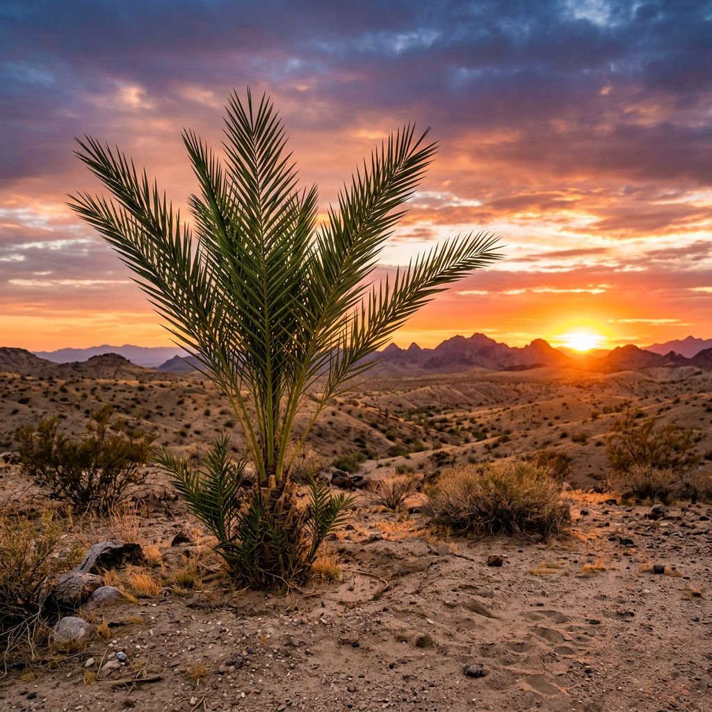 Small palm tree in desert landscape with colorful sunset